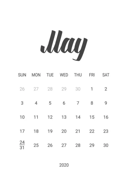 Calendario vectorial de mayo de 2020. Diseño de papelería . — Vector de stock