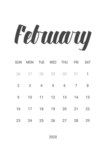 Vector kalender voor februari 2020. Briefpapier ontwerp. — Stockvector
