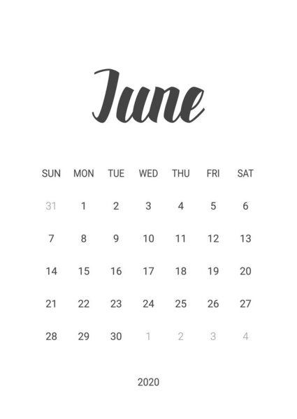 Vector Calendar for June 2020. Stationery Design.