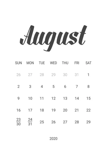 Vektor kalender för augusti 2020. Brevpapper design. — Stock vektor
