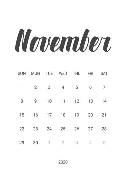 Vektor kalender för november 2020. Brevpapper design. — Stock vektor