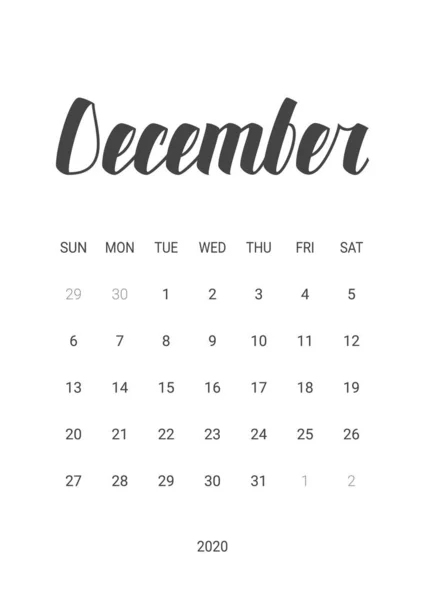 2020 年 12 月的矢量日历。文具设计. — 图库矢量图片