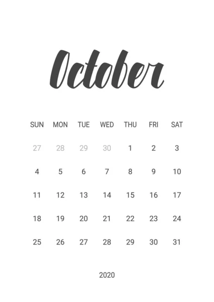 Calendario vettoriale per ottobre 2020. Progettazione articoli di cancelleria . — Vettoriale Stock