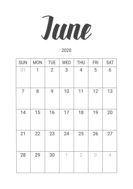 Haziran 2020 için Vektör Takvimi. Kırtasiye Tasarımı.