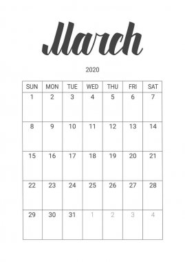 Mart 2020 için Vektör Takvimi. Kırtasiye Tasarımı.