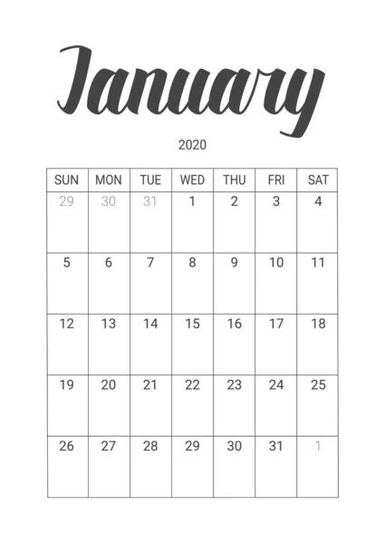 Calendario vectorial para enero de 2020. Diseño de papelería . — Vector de stock