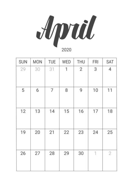 Vector Calendar for April 2020. Stationery Design.