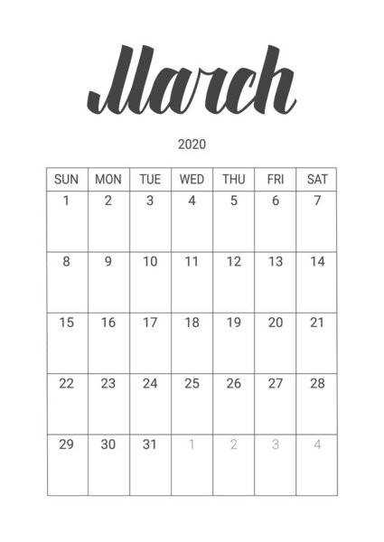 Vector Calendar for March 2020. Stationery Design.