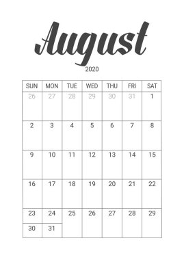 Ağustos 2020 için Vektör Takvimi. Kırtasiye Tasarımı.