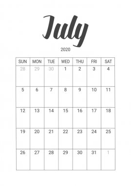 Temmuz 2020 için Vektör Takvimi. Kırtasiye Tasarımı.