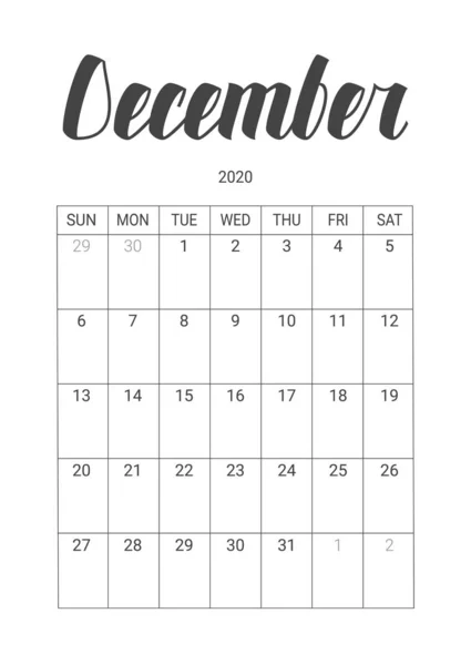 Vektorový kalendář pro prosinec 2020. Návrh šablon. — Stockový vektor