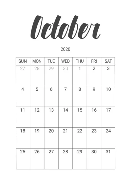 Calendario vectorial para octubre de 2020. Diseño de papelería . — Vector de stock