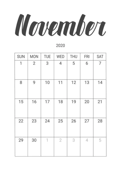 2020年11月のベクトルカレンダー。文房具のデザイン. — ストックベクタ