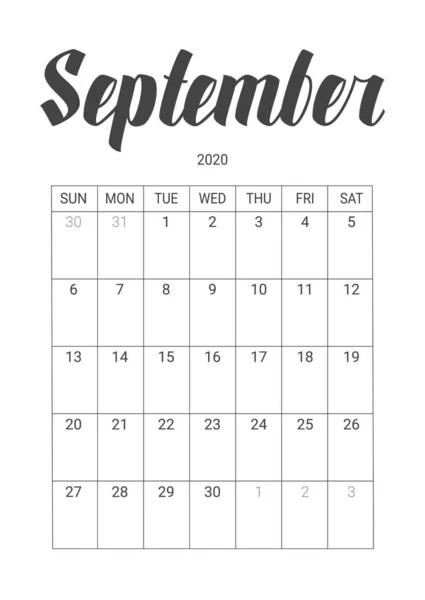 Vektor kalender för september 2020. Brevpapper design. — Stock vektor