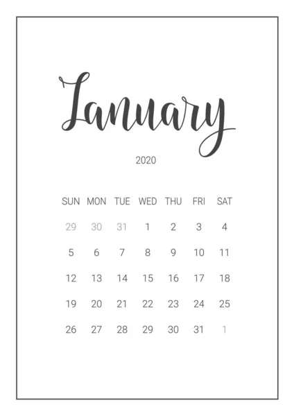 Vector Calendar Planner for January 2020. Handwritten lettering. — Stock Vector