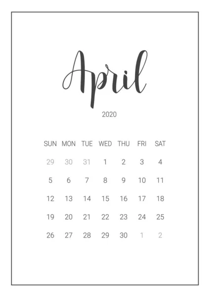 2020 年 4 月的矢量日历规划器。手写字母. — 图库矢量图片