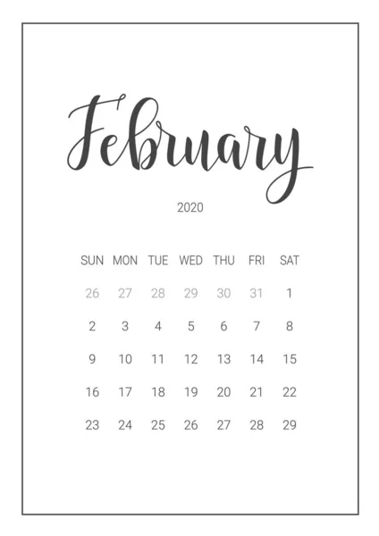 Vector kalender planner voor februari 2020. Handgeschreven belettering. — Stockvector