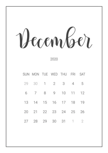 Vector Calendar Planner for December 2020. Handwritten lettering. — Stock Vector