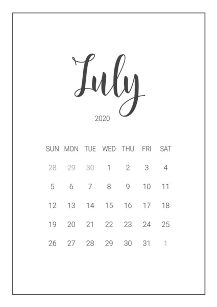 Vektor kalender planerare för juli 2020. Handskriven skrift. — Stock vektor