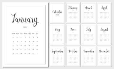 2020 Yılı Vektör Takvim Planlayıcısı
