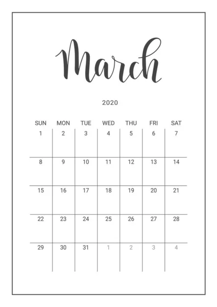 Векторний планувальник календаря на березень 2020 року. Ручне написання . — стоковий вектор