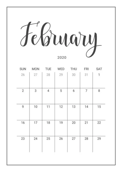 Vector kalender planner voor februari 2020. Handgeschreven belettering. — Stockvector