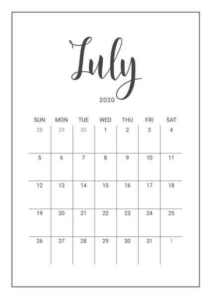 Векторний планувальник календаря на липень 2020 року. Ручне написання . — стоковий вектор