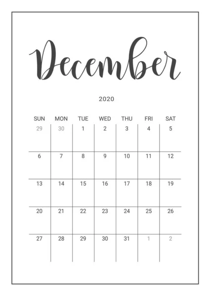 Vector Calendar Planner for December 2020. Handwritten lettering. — Stock Vector