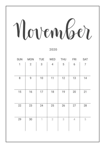 Planejador do calendário vetorial para novembro de 2020. Letras manuscritas . — Vetor de Stock