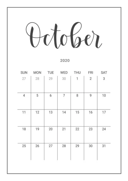 Pianificatore del calendario vettoriale per ottobre 2020. Lettere manoscritte . — Vettoriale Stock