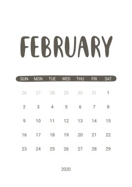 Şubat 2020 için Vektör Takvimi. Yazdırılabilir Kırtasiye Tasarımı.
