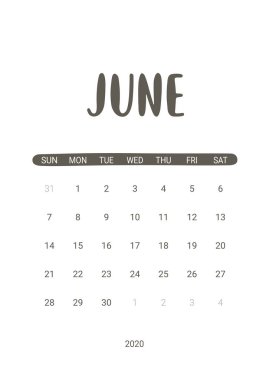 Haziran 2020 için Vektör Takvimi. Yazdırılabilir Kırtasiye Tasarımı.