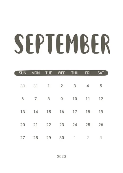 Векторный календарь на сентябрь 2020 года. Канцелярские товары для печати . — стоковый вектор