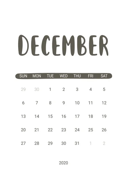 Calendario vectorial para diciembre de 2020. Diseño de papelería para imprimir . — Vector de stock