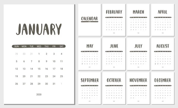 Vector Calendar for 2020 Year. Stationery Design for Printable. — Stock Vector