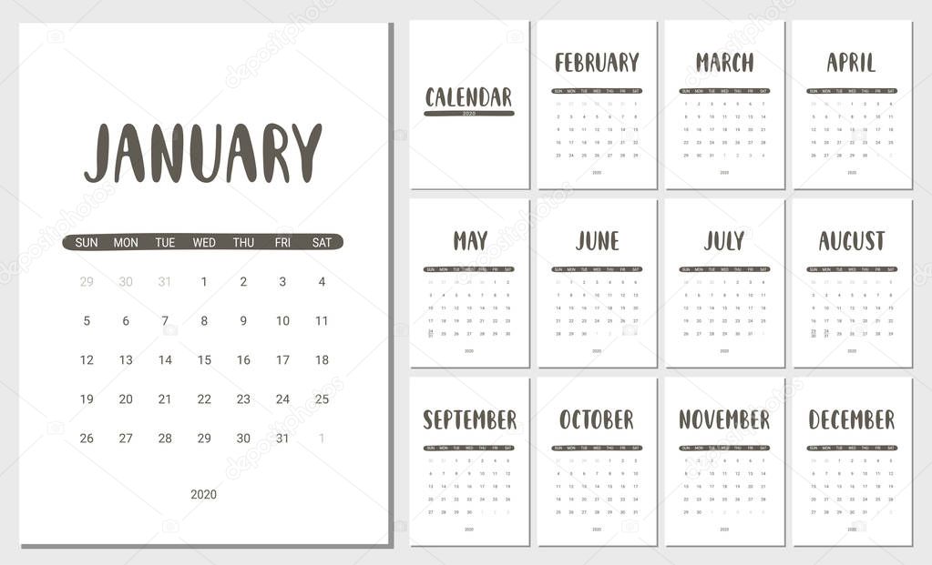 Vector Calendar for 2020 Year. Stationery Design for Printable.