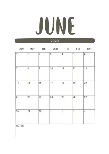 Vektor kalender planerare för juni 2020. Brevpapper design för utskrivbara. — Stock vektor