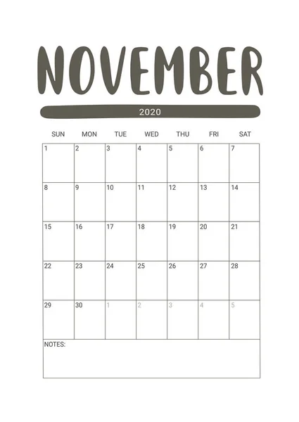 Pianificatore del calendario vettoriale per novembre 2020. Progettazione articoli di cancelleria per stampabile . — Vettoriale Stock