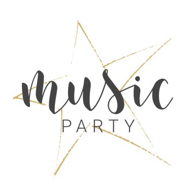 El yazısıyla Müzik Mektubu Partisi. Banner, Card, Etiket, Kartpostal, Poster, Yapıştırıcı, Yazdırma veya Web Ürünleri Şablonu. Beyaz Arkaplanda tecrit edilmiş nesneler. Vektör Stok Resimleri.