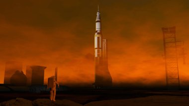 Astronot Mars yere. Kolonizasyon, uzay Bankası. Mars gezegeni, toprak, kabuk, uzay, güneş sistemi. 3D render