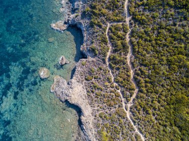 Yolun gümrük memurları, bitki örtüsü ve Akdeniz bush, Corsica, Fransa hava görünümünü. Deniz ve yukarıda da görüleceği bitki örtüsü, taş ve kayalar. Sentier du Douanier. Capo Corso