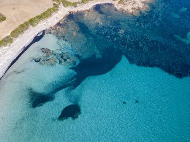 Tamarone beach, Plage de Tamarone, Cap Corse Yarımadası, Macinaggio, Korsika, Fransa'nın havadan görünümü