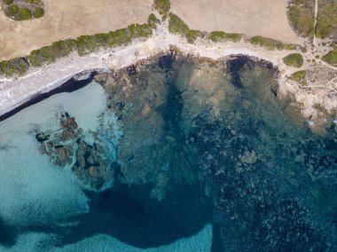 Tamarone beach, Plage de Tamarone, Cap Corse Yarımadası, Macinaggio, Korsika, Fransa'nın havadan görünümü
