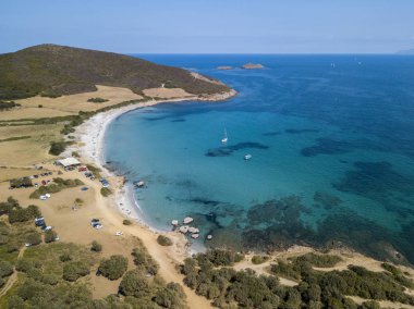 Tamarone beach, Plage de Tamarone, Cap Corse Yarımadası, Macinaggio, Korsika, Fransa'nın havadan görünümü