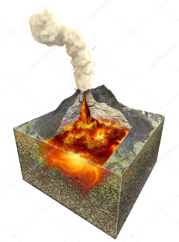 Section of a volcano, structural scheme and section of the terrain, 3d rendering