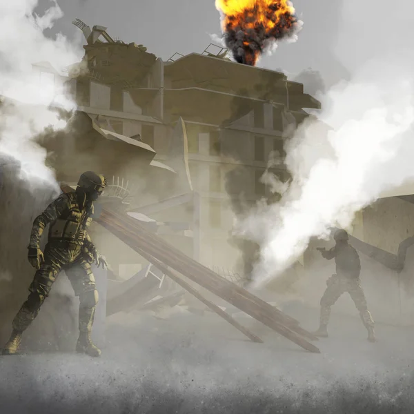 Trümmer Kriegsgebiet Mit Soldaten Gebäude Bombardements Terrorismus Darstellung — Stockfoto