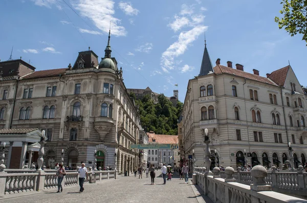 Słowenia 2018 Panoramę Tromostovje Potrójnego Mostu Grupa Trzy Mosty Rzece — Zdjęcie stockowe