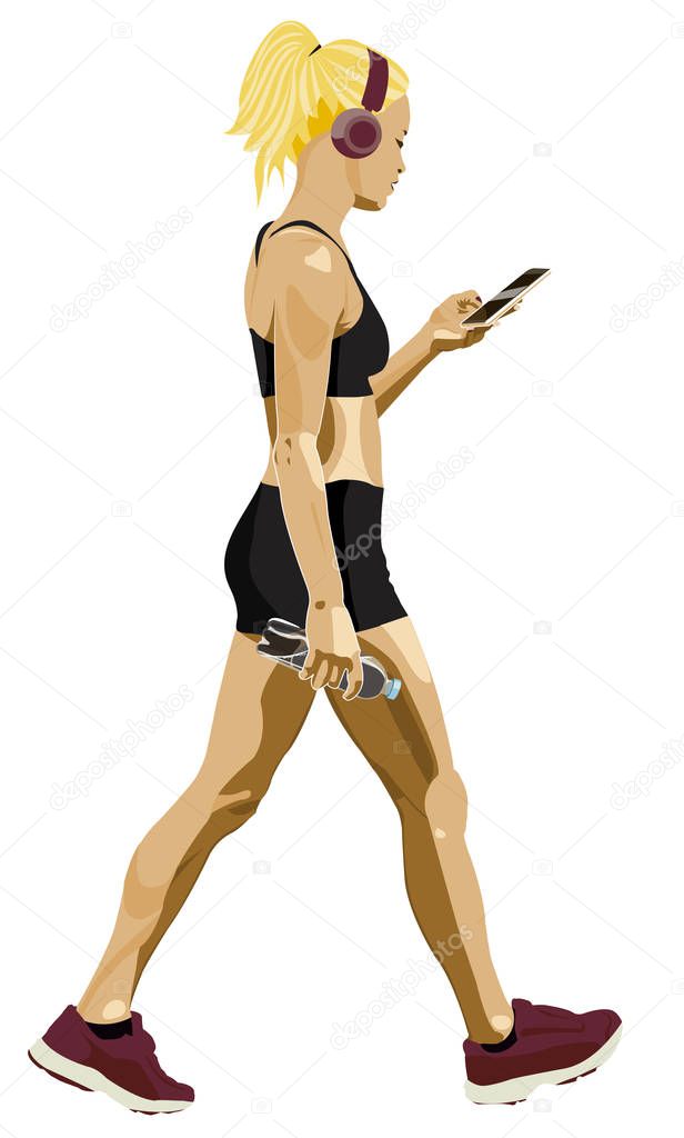 Girl walking listening to music and looking at cellphone. Technology and sport. Outdoor activities, fitness. Bottle of water in hand, hydration of the human body