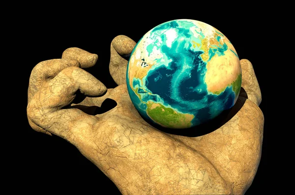 World in a hand, hand of a statue with the world in his fingers. Ancient statue holds the world in his hand