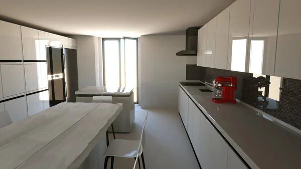 Móveis Cozinha Design Interiores Mobiliário Eletrodomésticos Para Cozinha Renderização — Fotografia de Stock